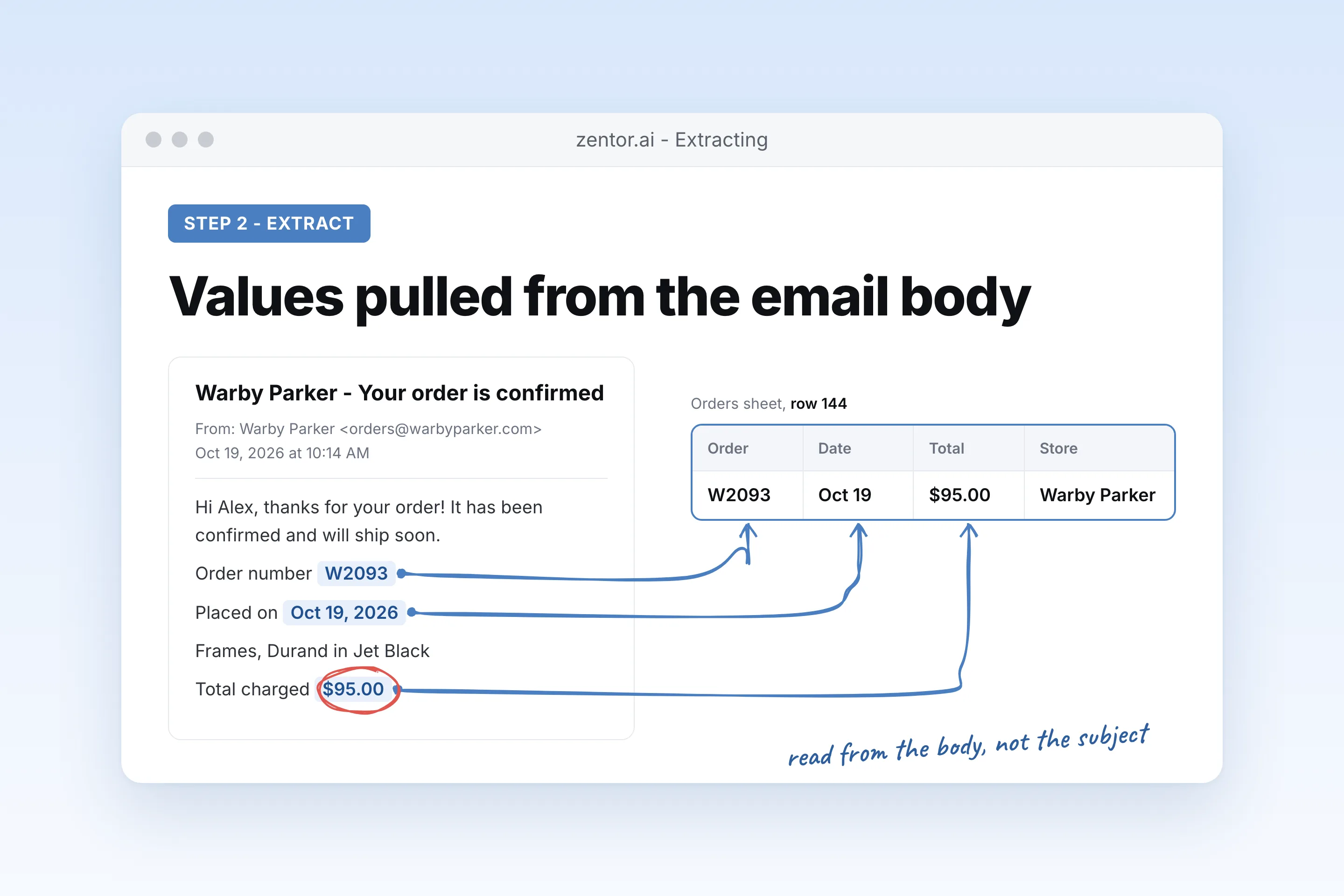 Step 2: Zentor reading order emails and mapping values to sheet columns