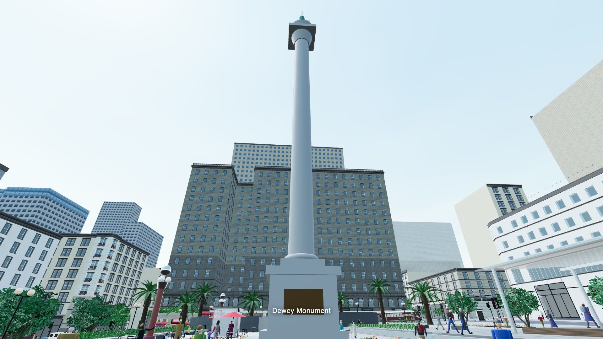 Inside the Union Square reconstruction: the Dewey Monument on the plaza with the surrounding blocks, palm trees, street furniture and pedestrians, all generated from code