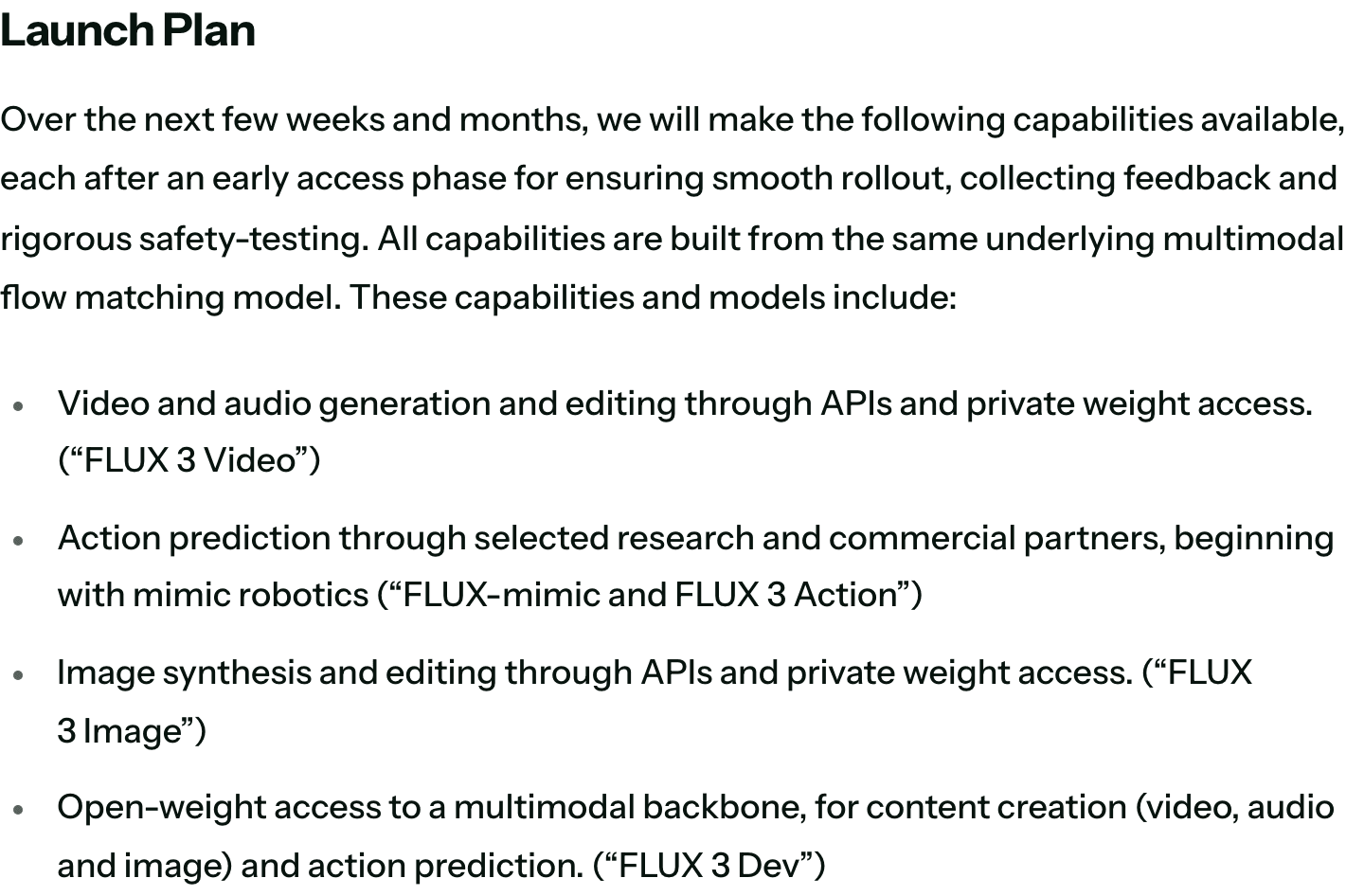 Black Forest Labs' launch plan for the four FLUX 3 lines: Video, Action, Image, and open-weight Dev. Source: Black Forest Labs.