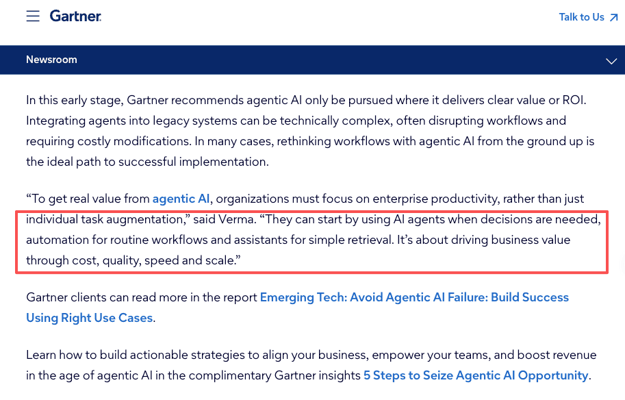 Gartner newsroom guidance on using assistants for retrieval, automation for routine workflows, and agents for decisions