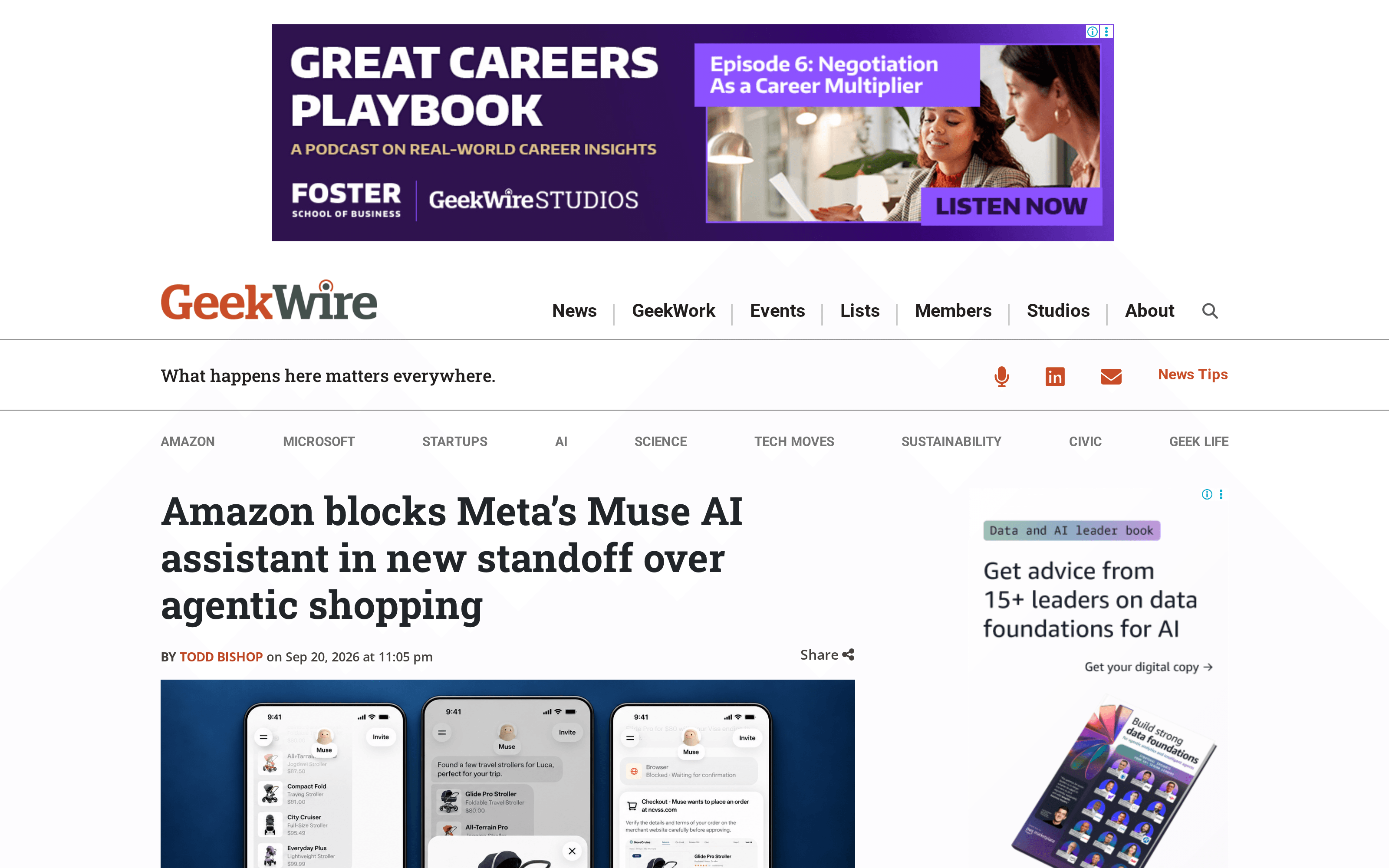 GeekWire report showing the September 20 headline and Muse shopping interface