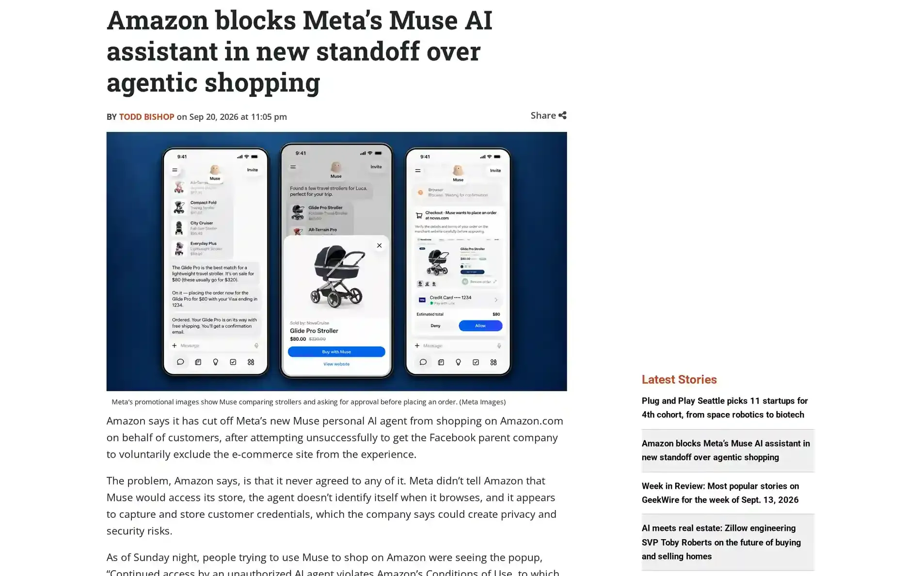 A screenshot of GeekWire's September report, with Meta's promotional Muse shopping images and Amazon's stated objection.