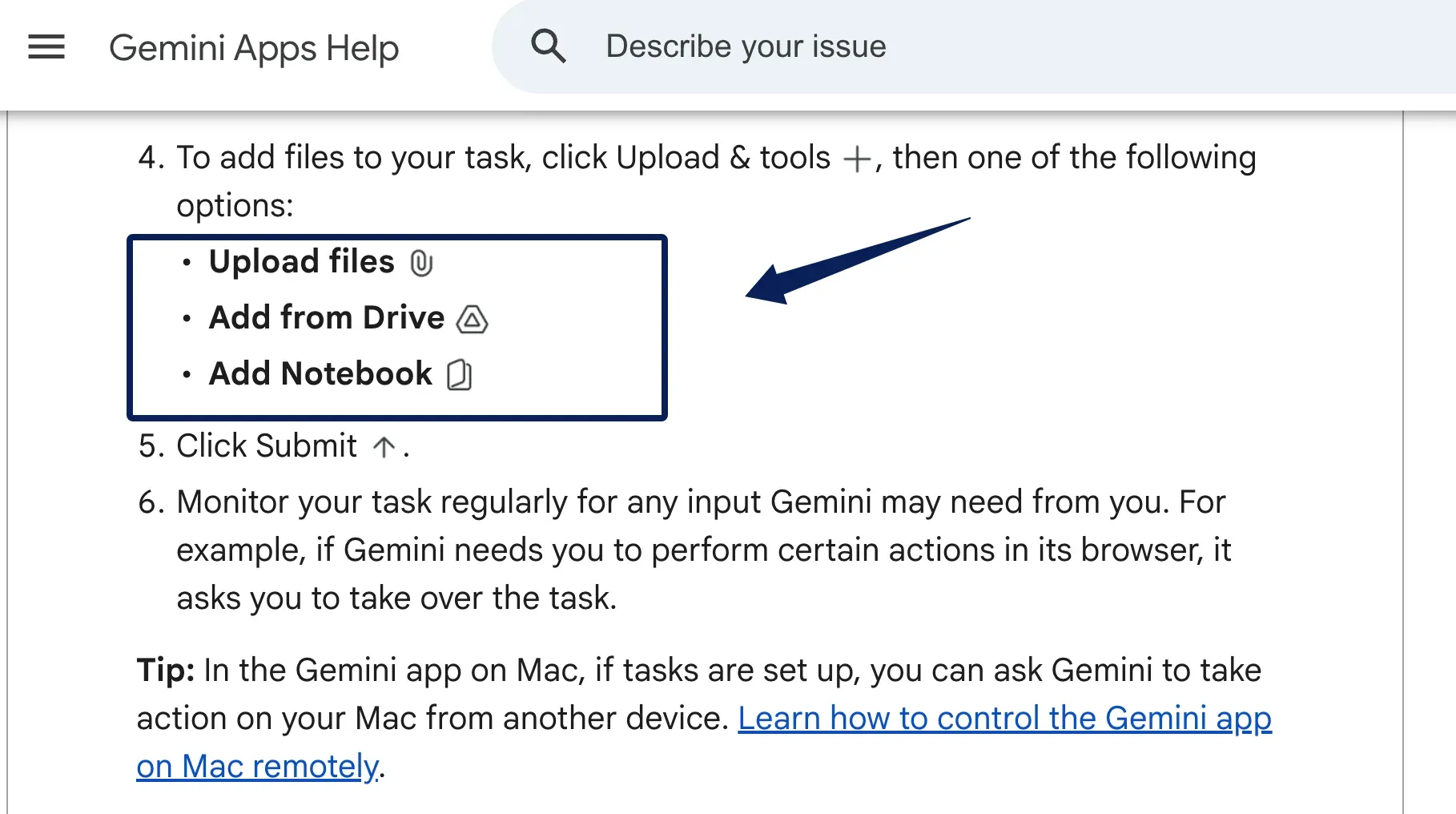 Google's Task Help lists Upload files, Add from Drive, and Add Notebook as source options.