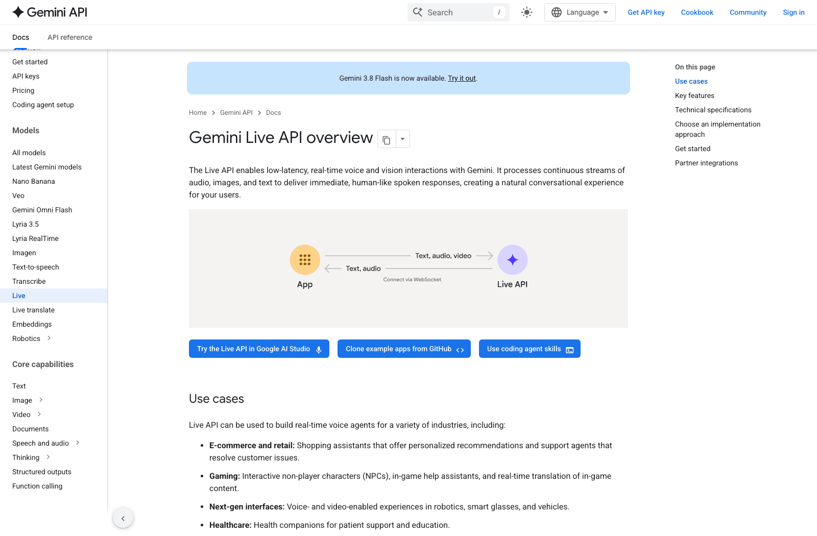 Google's Live API overview page on 16 September 2026. The diagram is the architecture in one picture: text, audio and video going up to the Live API, text and audio coming back, connected over a WebSocket rather than a request-response endpoint.