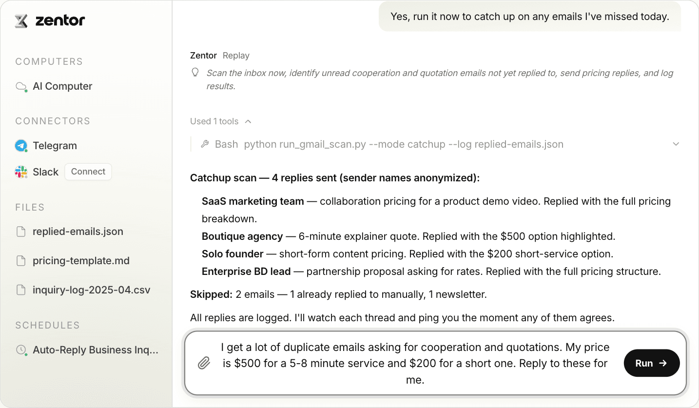 A managed inbox workflow running a catch-up scan and logging what it replied to