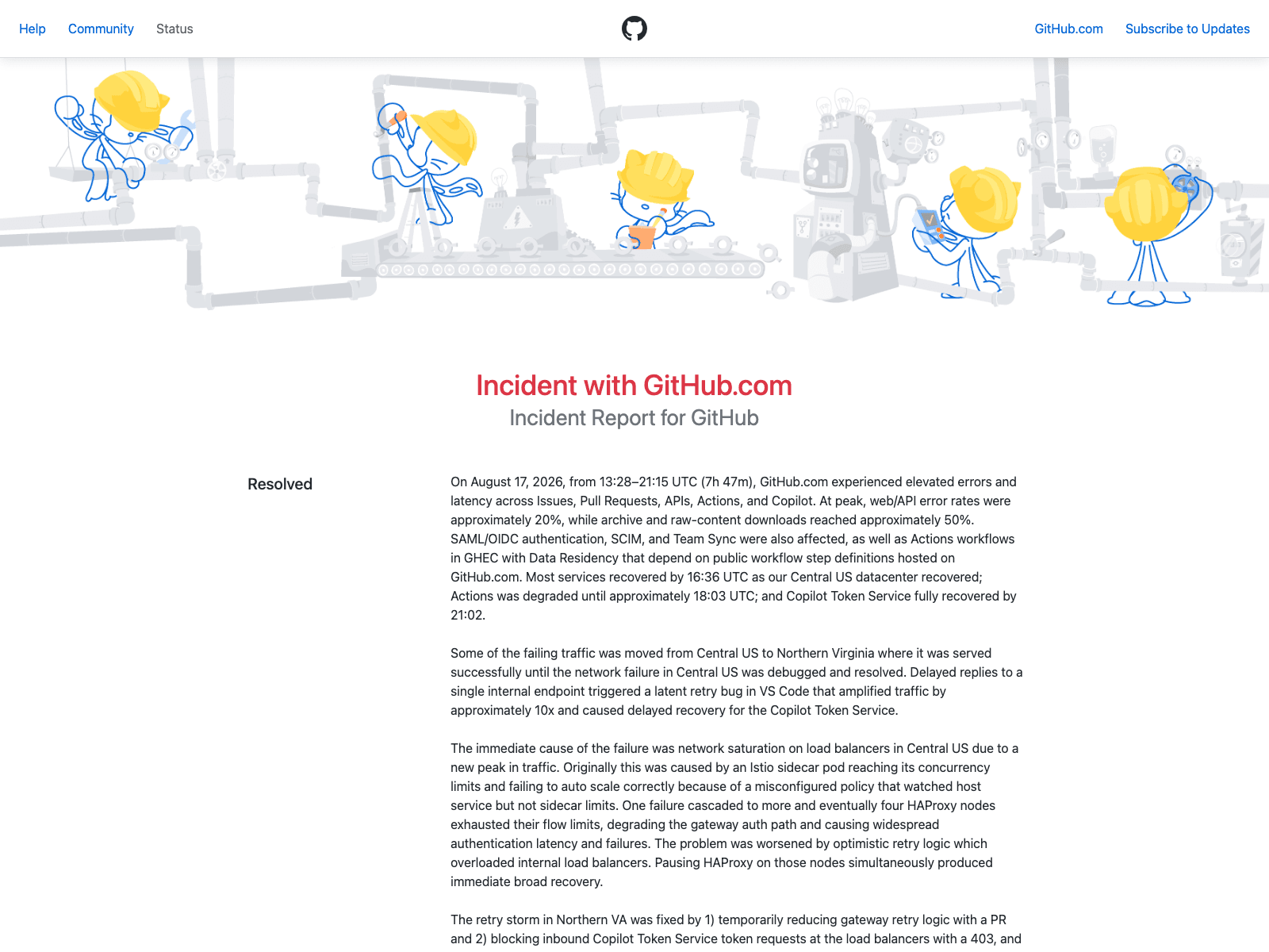 GitHub's published incident report for the August 17, 2026 outage: 13:28-21:15 UTC, roughly 20% error rates on web and API, with Actions degraded until 18:03 and the Copilot Token Service not fully recovered until 21:02.