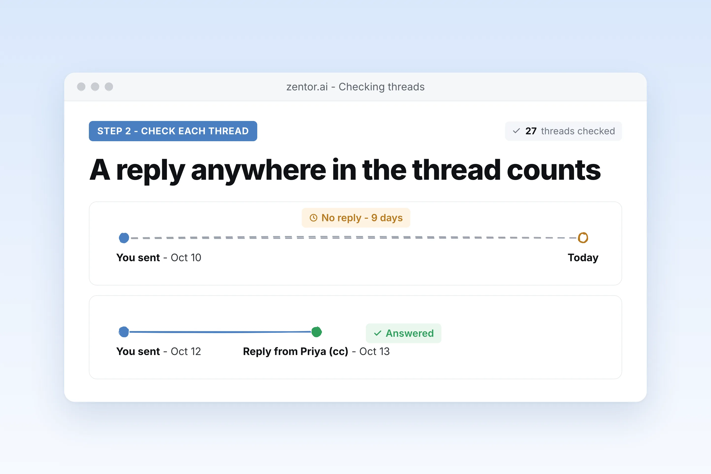 Step 2: Zentor checking each sent thread for a reply