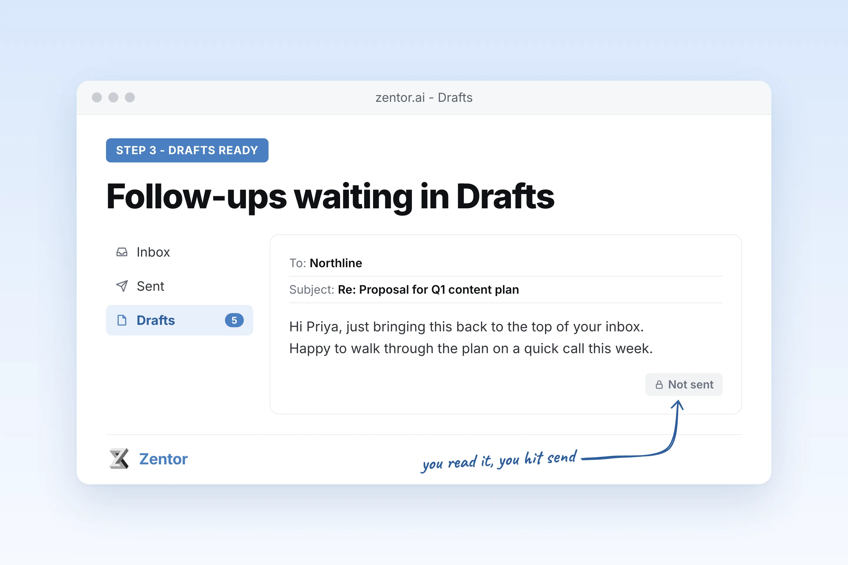Step 3: waiting-on list with follow-up drafts saved in Gmail