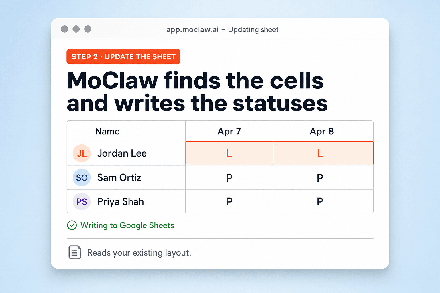 Step 2: Zentor (formerly MoClaw) writing leave and present statuses into the attendance sheet