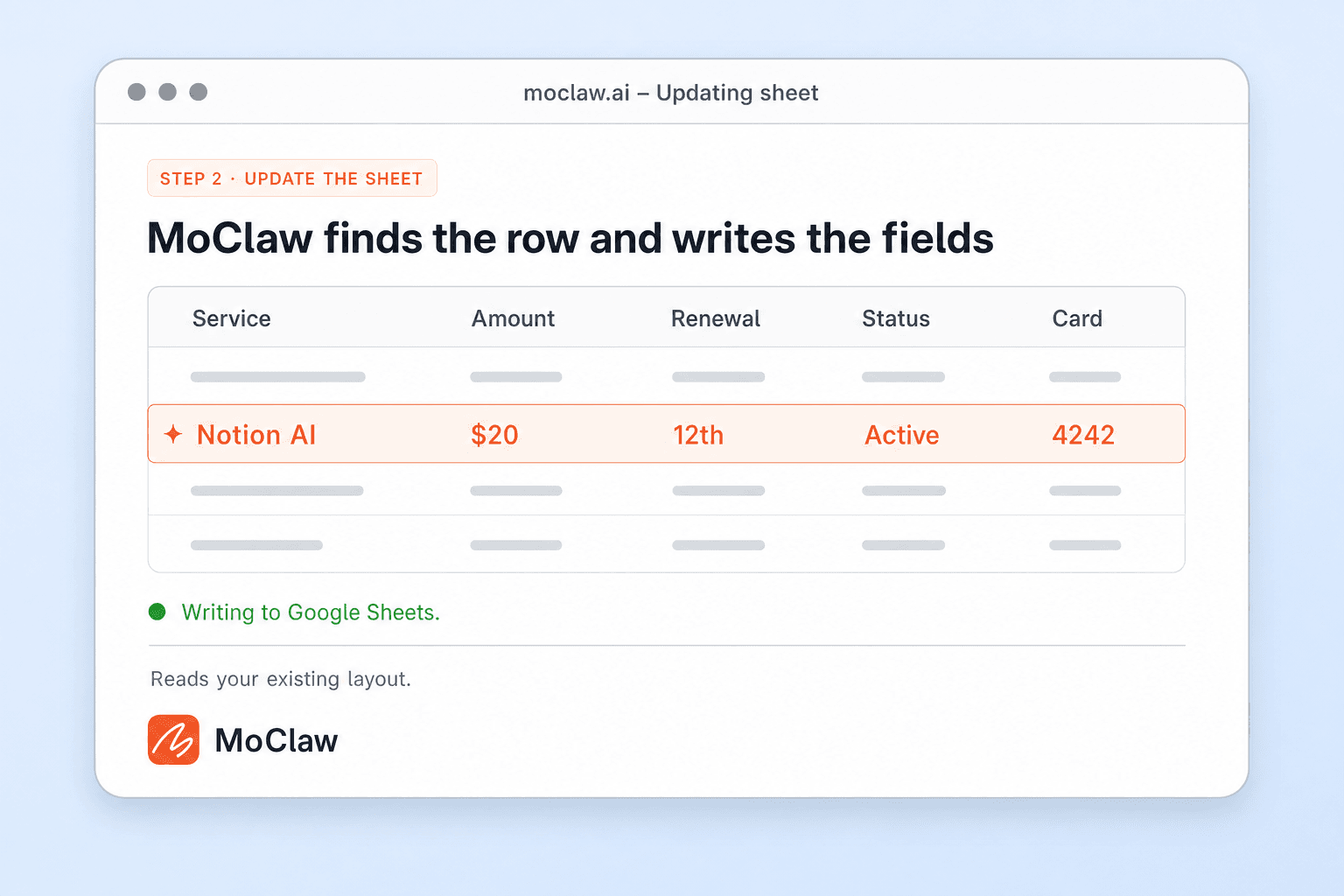 Step 2: Zentor (formerly MoClaw) writing service, amount, and renewal fields into the subscription tracker sheet