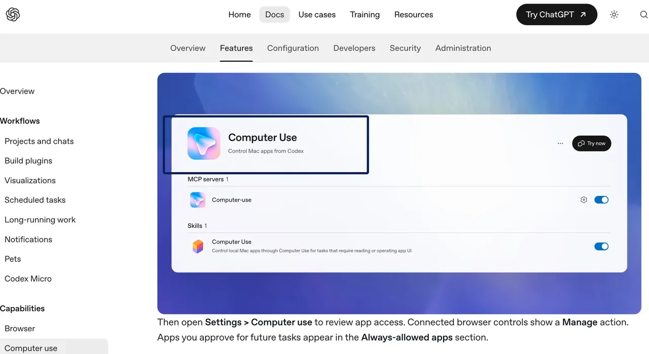 OpenAI's Computer Use documentation shows plugin setup before app access can be granted.