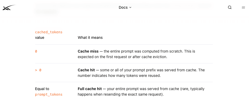 xAI documentation explaining cached_tokens values, where 0 means a cache miss, above 0 means a partial cache hit, and a value equal to prompt_tokens means a full cache hit
