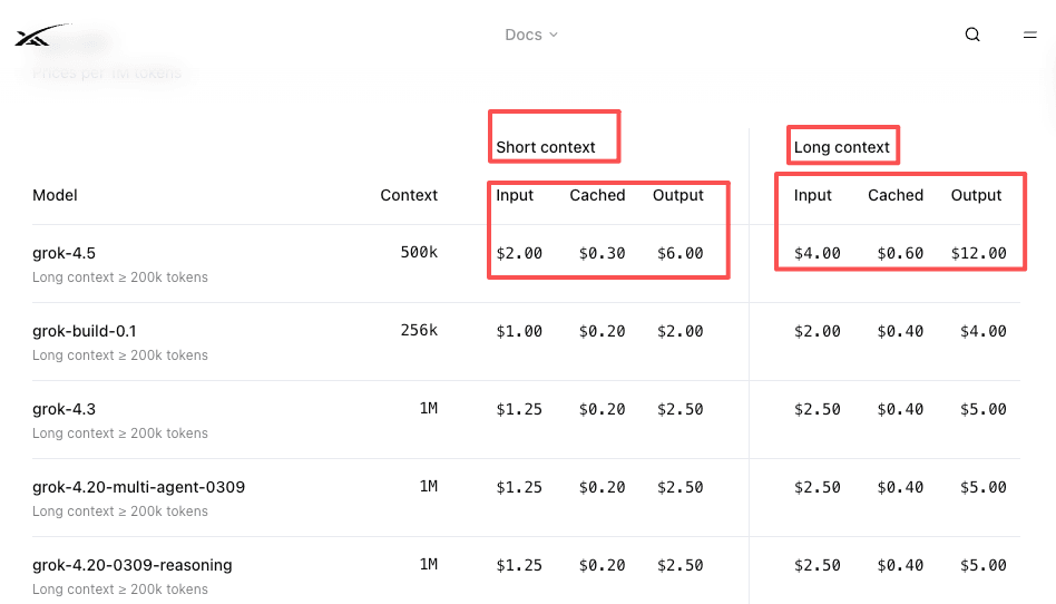 xAI's published pricing table showing grok-4.5 at $2.00 input, $0.30 cached, and $6.00 output per million tokens for short context, and $4.00, $0.60, and $12.00 for long context