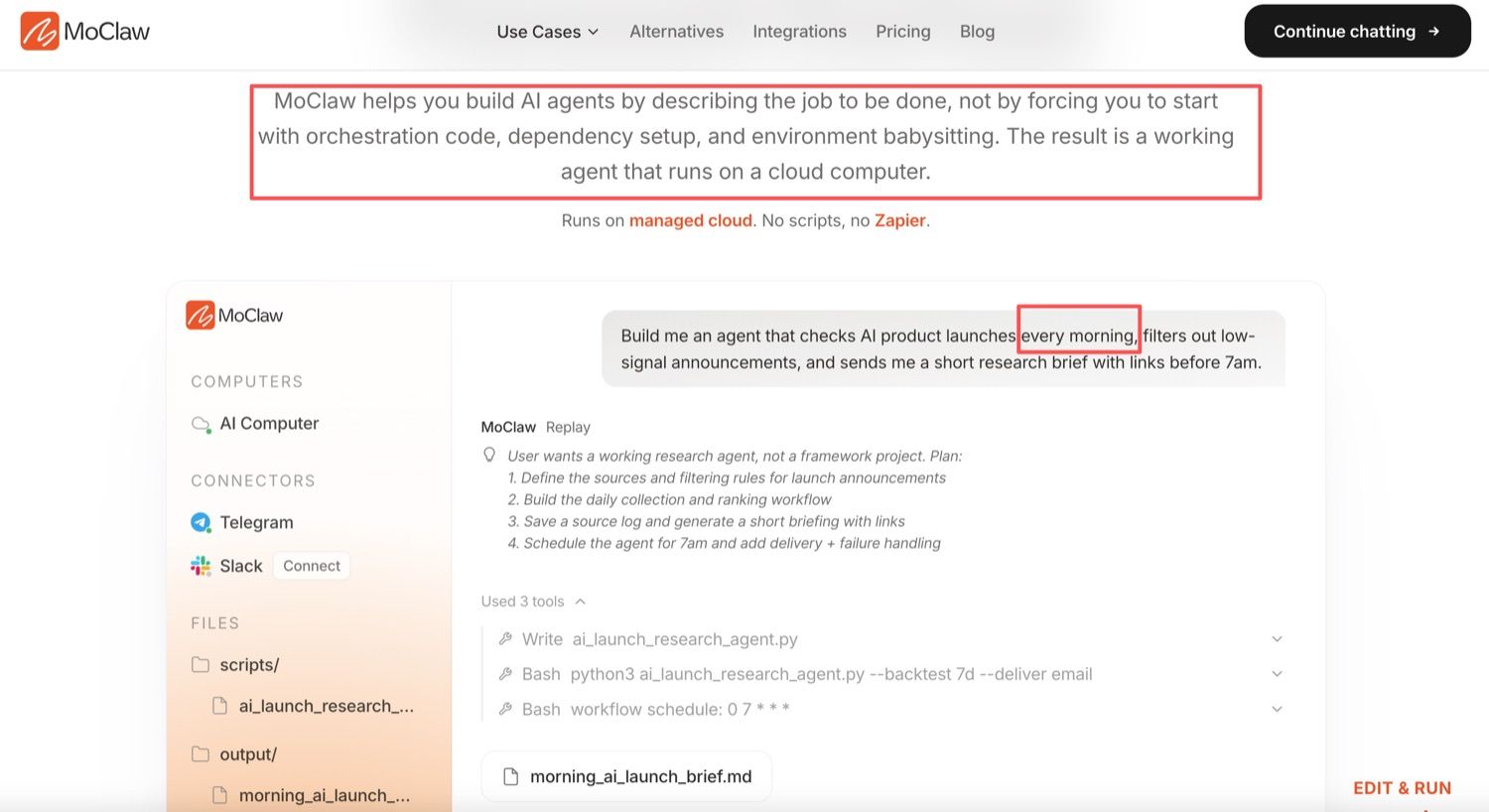A Zentor (formerly MoClaw) run turning one plain-language instruction into a scheduled research agent with a visible tool log