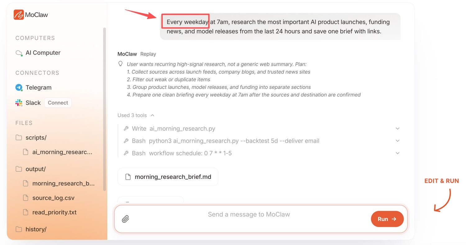 Zentor (formerly MoClaw) cloud AI computer scheduling a recurring weekday research brief with a written plan, tool calls, and saved output files