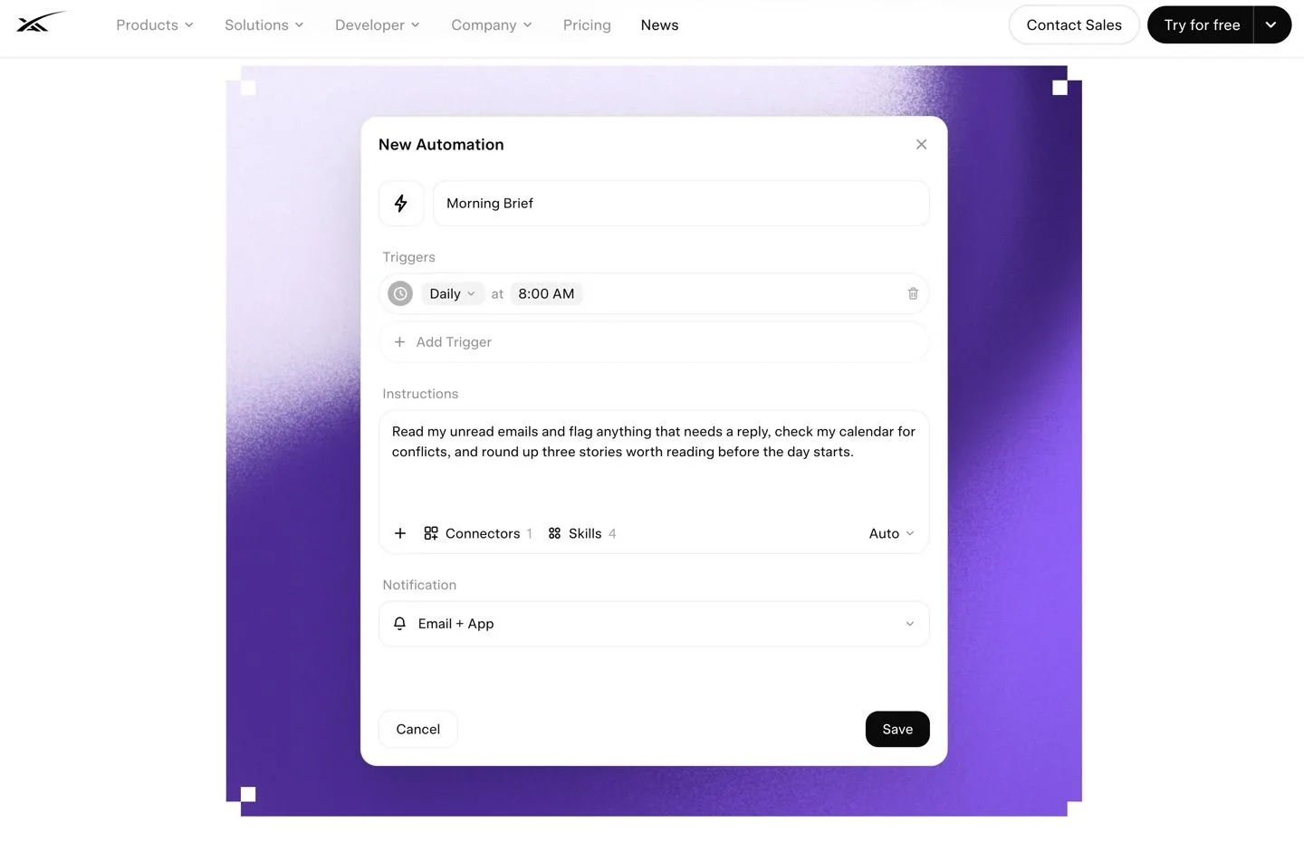Grok's New Automation dialog showing a daily 8:00 AM trigger, saved instructions, connectors, and notification settings