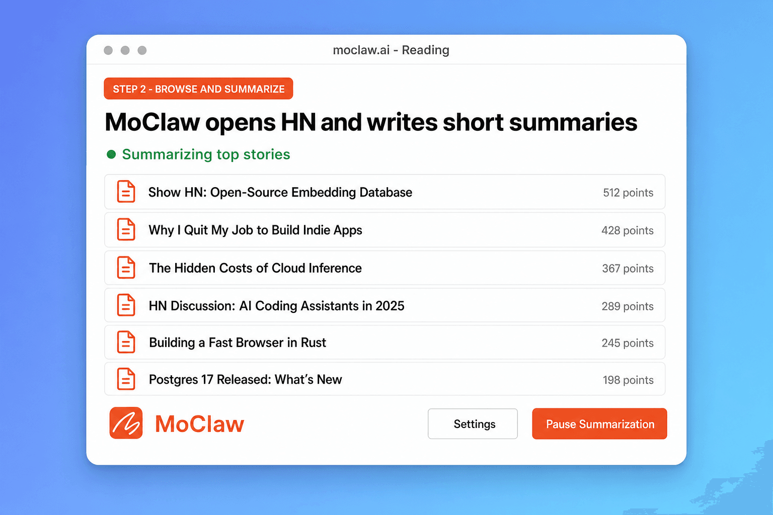 Step 2: Zentor (formerly MoClaw) opening Hacker News and writing short story summaries