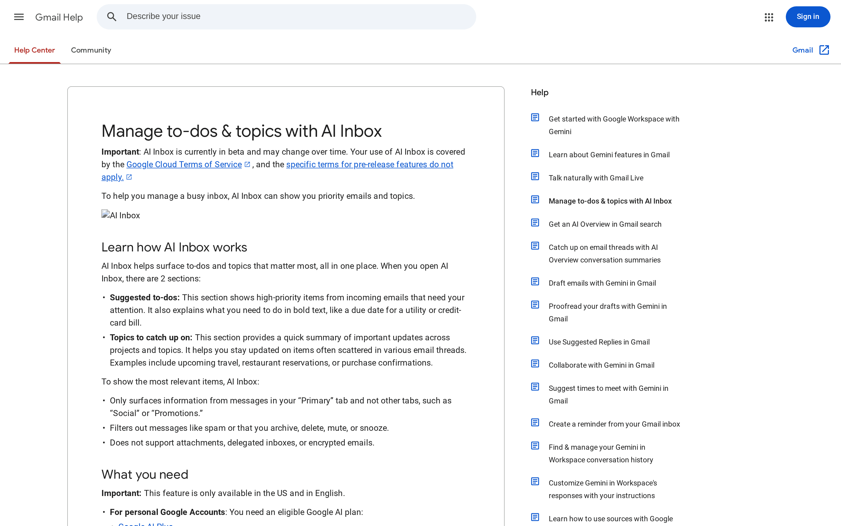Gmail Help page describing suggested to-dos, topics and the mail categories AI Inbox excludes.