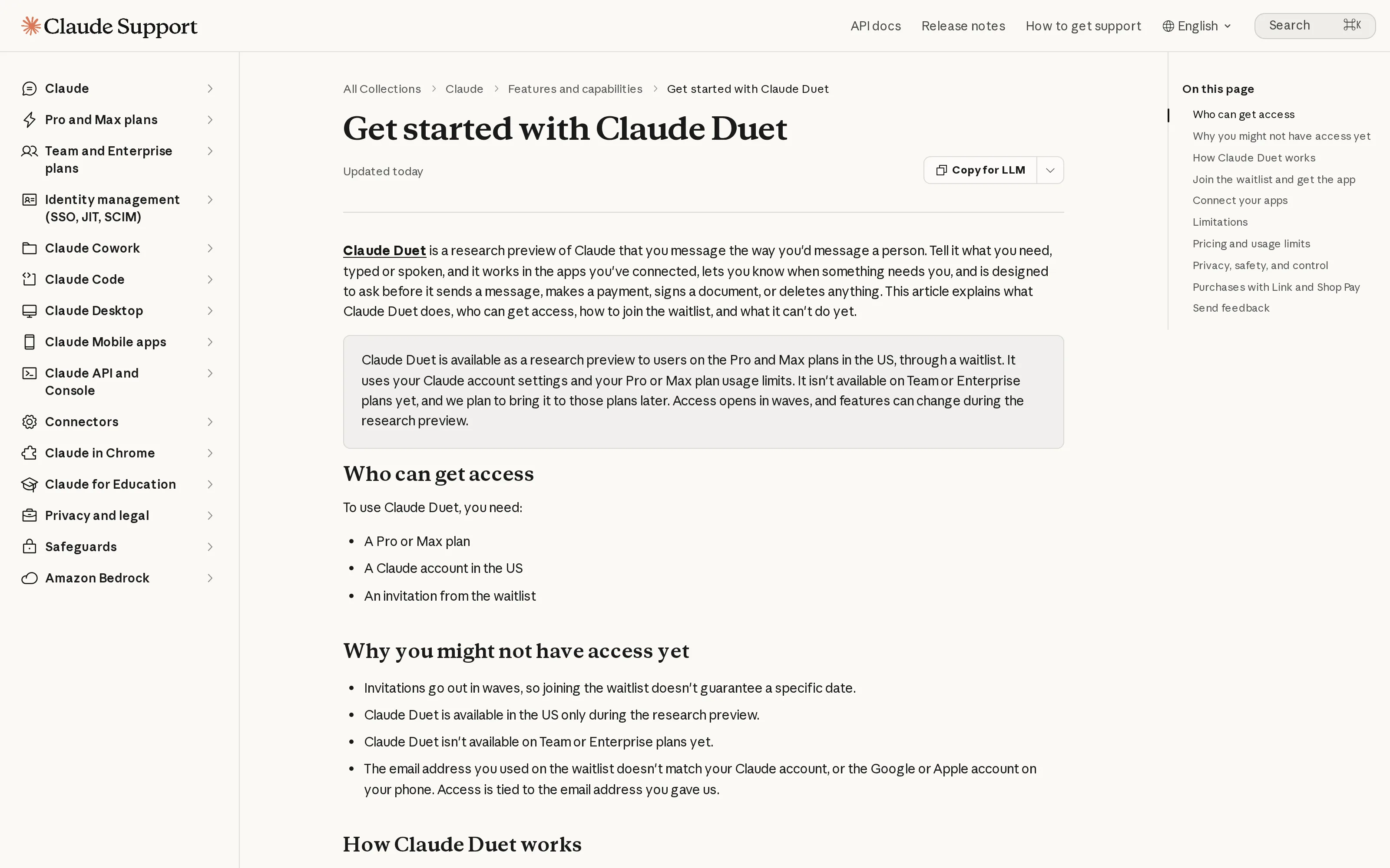 Screenshot of Anthropic's Claude Help Center showing the Duet research preview, US Pro and Max eligibility, and waitlist requirements