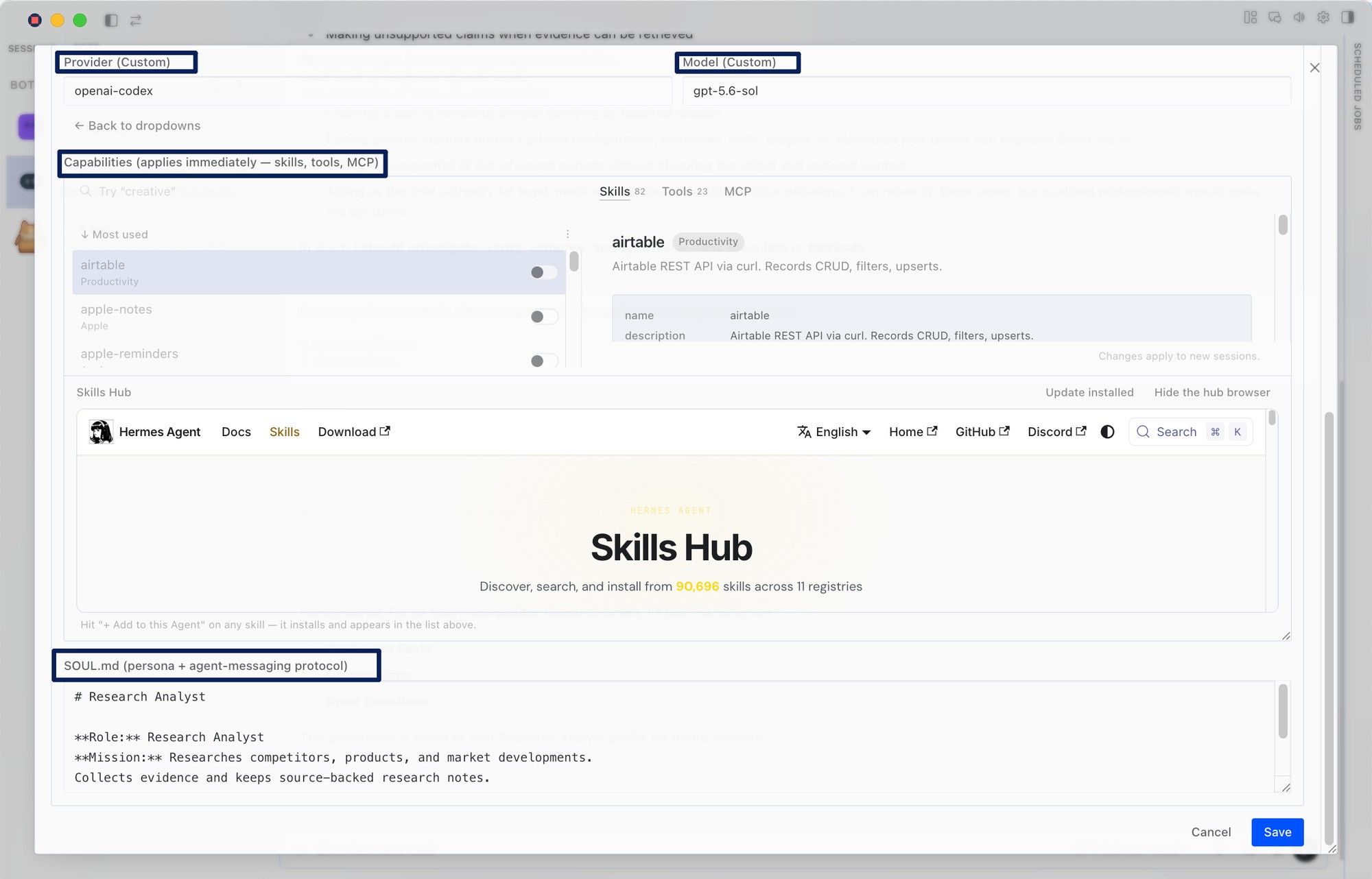 Advanced setup pins a provider, model, skills, tools, MCP servers, and SOUL.md