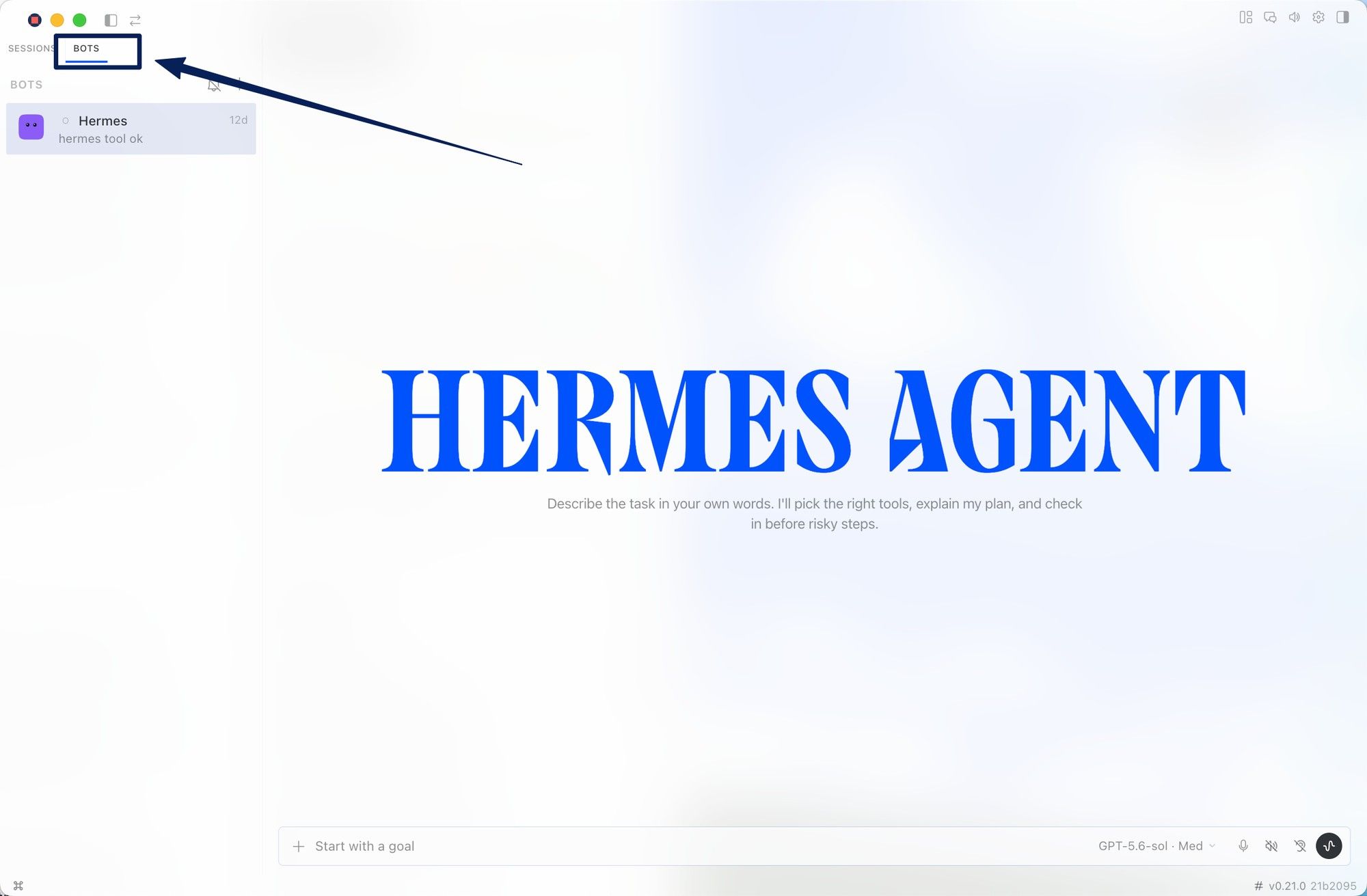 The Bots tab sits beside Sessions in the Hermes Desktop sidebar