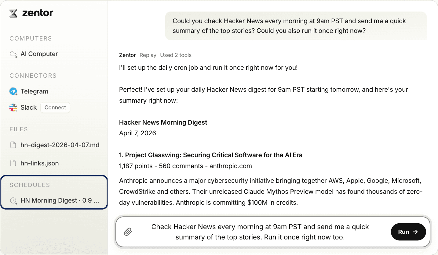 A recurring digest saved as a schedule on a managed runtime after one manual run