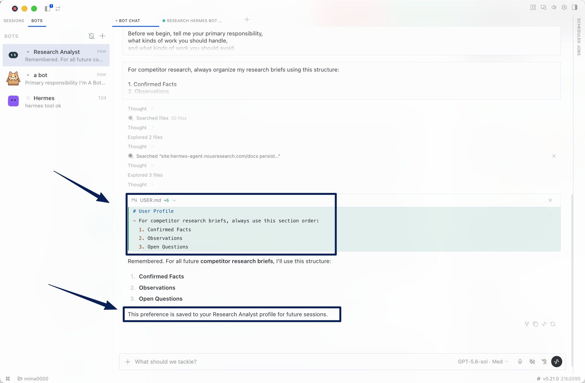 A stated preference is written to USER.md and saved to the Research Analyst profile