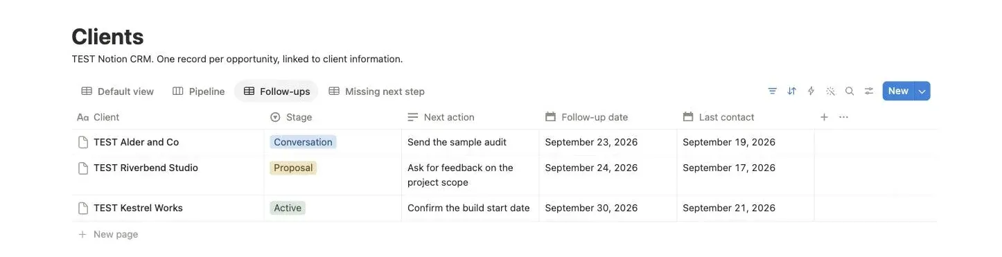 Notion Clients database showing the Pipeline, Follow-ups and Missing next step view tabs, with the Follow-ups table listing TEST clients by stage, next action, follow-up date and last contact