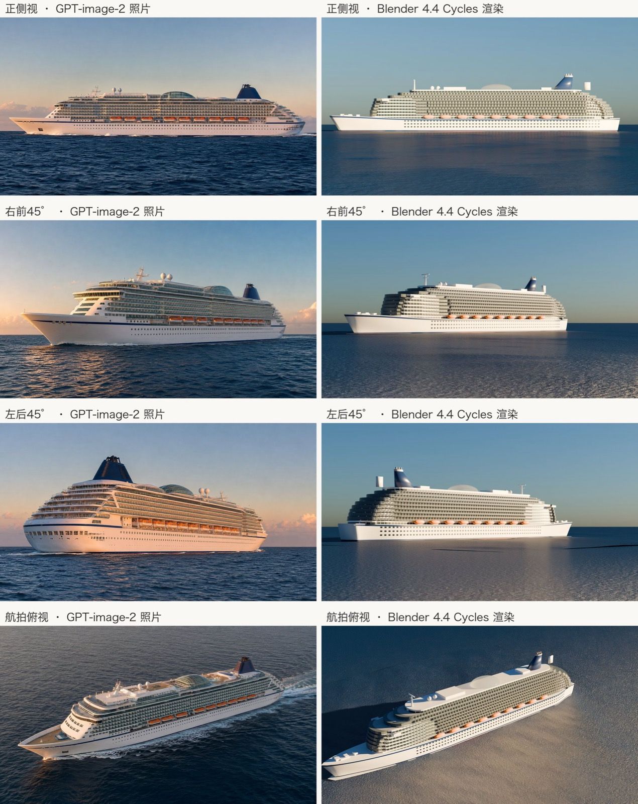 Four camera angles comparing AI-generated reference photographs of a cruise ship against Blender 4.4 Cycles renders that an agent produced by driving Blender through huashu-mac-use.