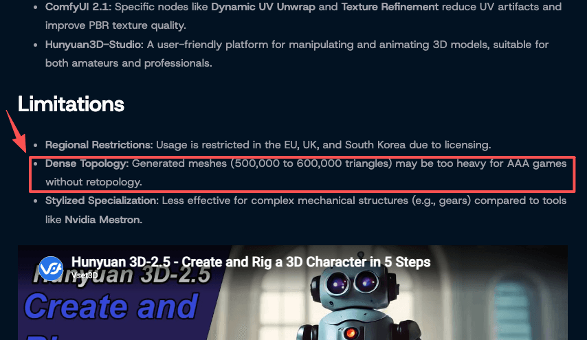 A documented limitation: generated meshes can run 500,000+ triangles and need retopology before they are game-ready