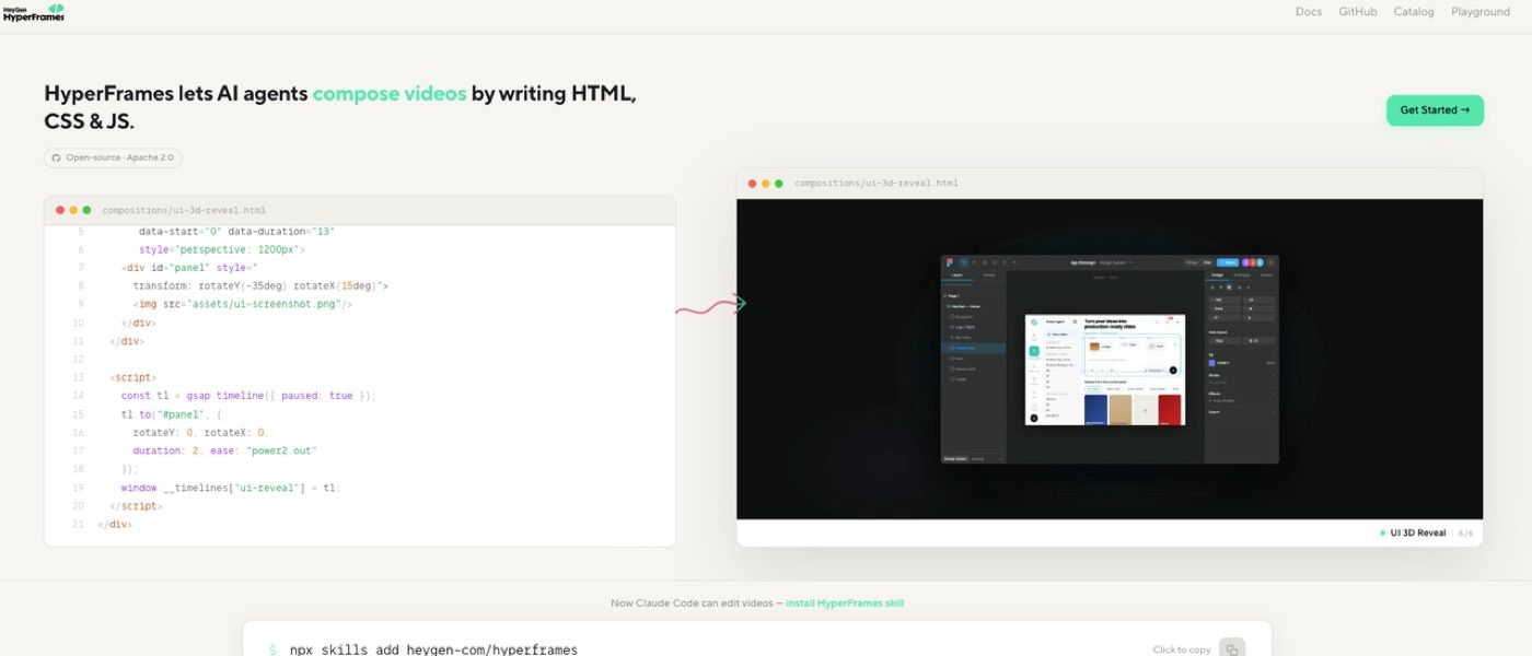HyperFrames lets agents compose videos by writing HTML, CSS, and JavaScript.