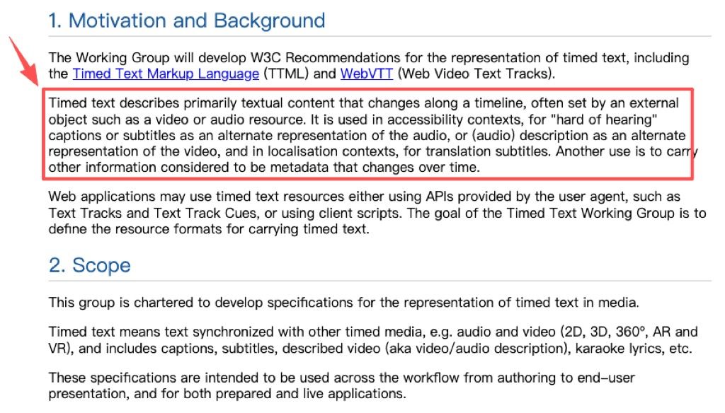 The W3C Timed Text charter frames captions as a real production object with timing and placement.