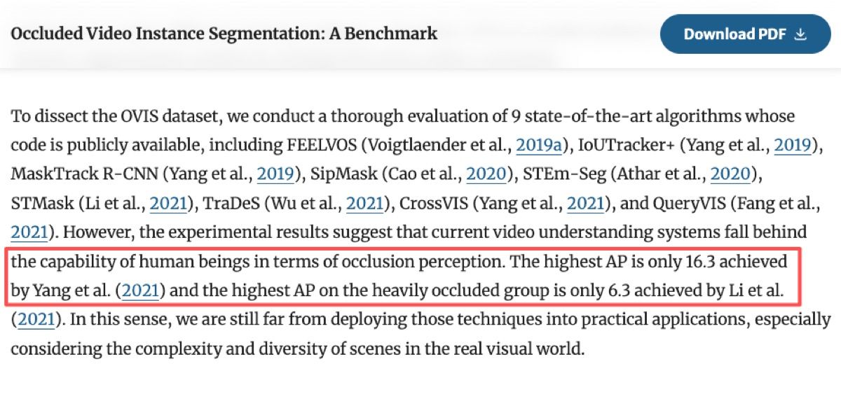 The OVIS benchmark shows how hard it is to detect objects that stay present but become occluded.