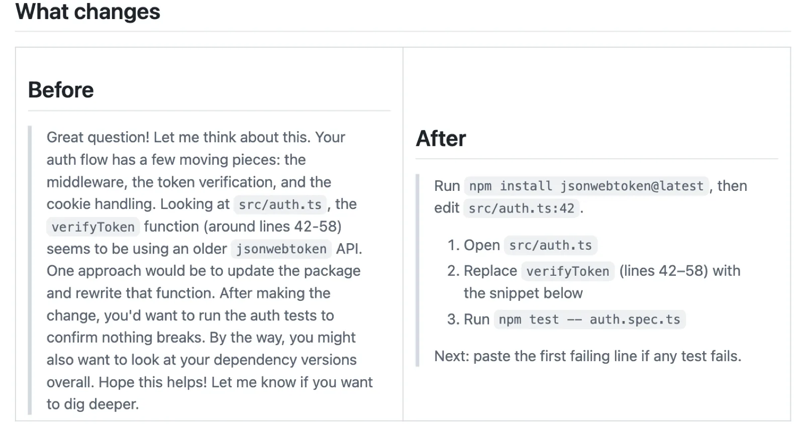 The i-have-adhd README's own before and after, captured August 12, 2026: a paragraph of hedging on the left, three numbered steps and a file reference on the right.