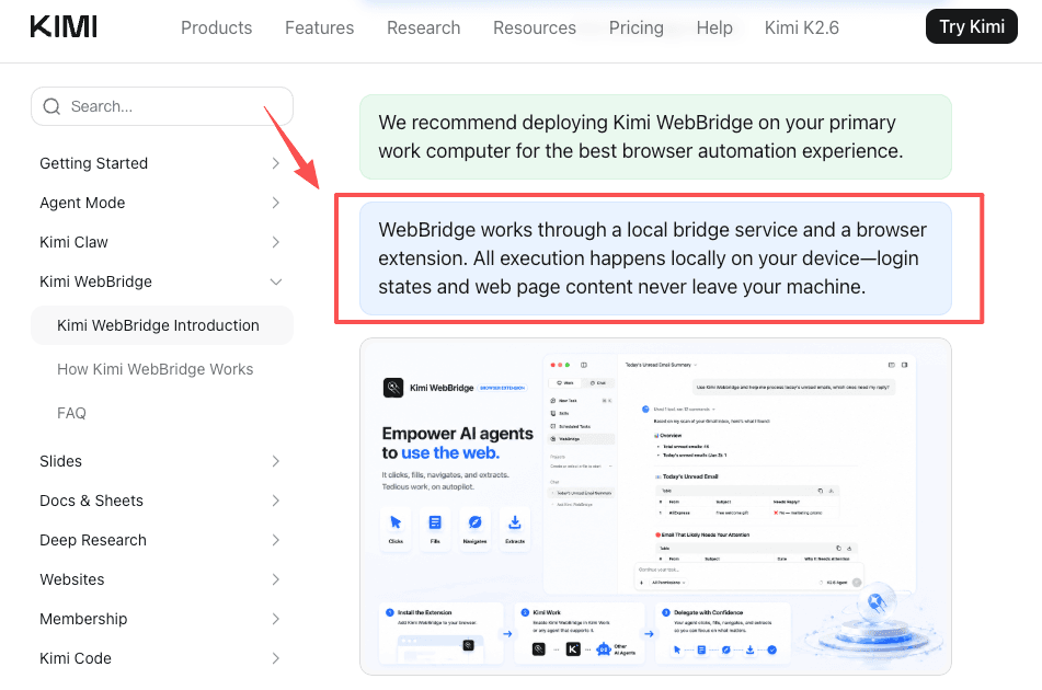 Features of the Kimi WebBridge integration