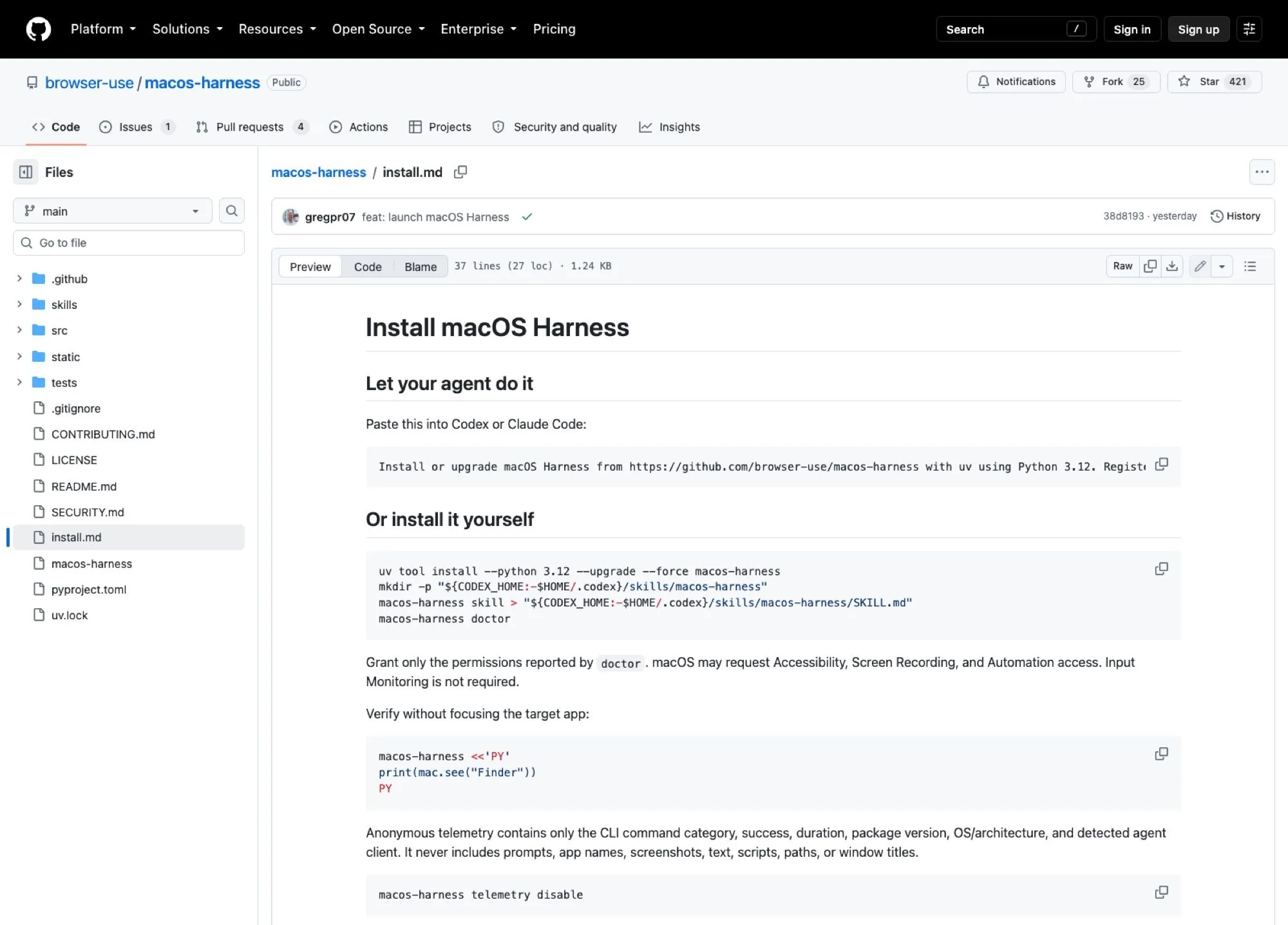 The install path from install.md: uv tool install, a generated SKILL.md written into the agent's skills directory, then doctor to report which macOS permissions are still missing.