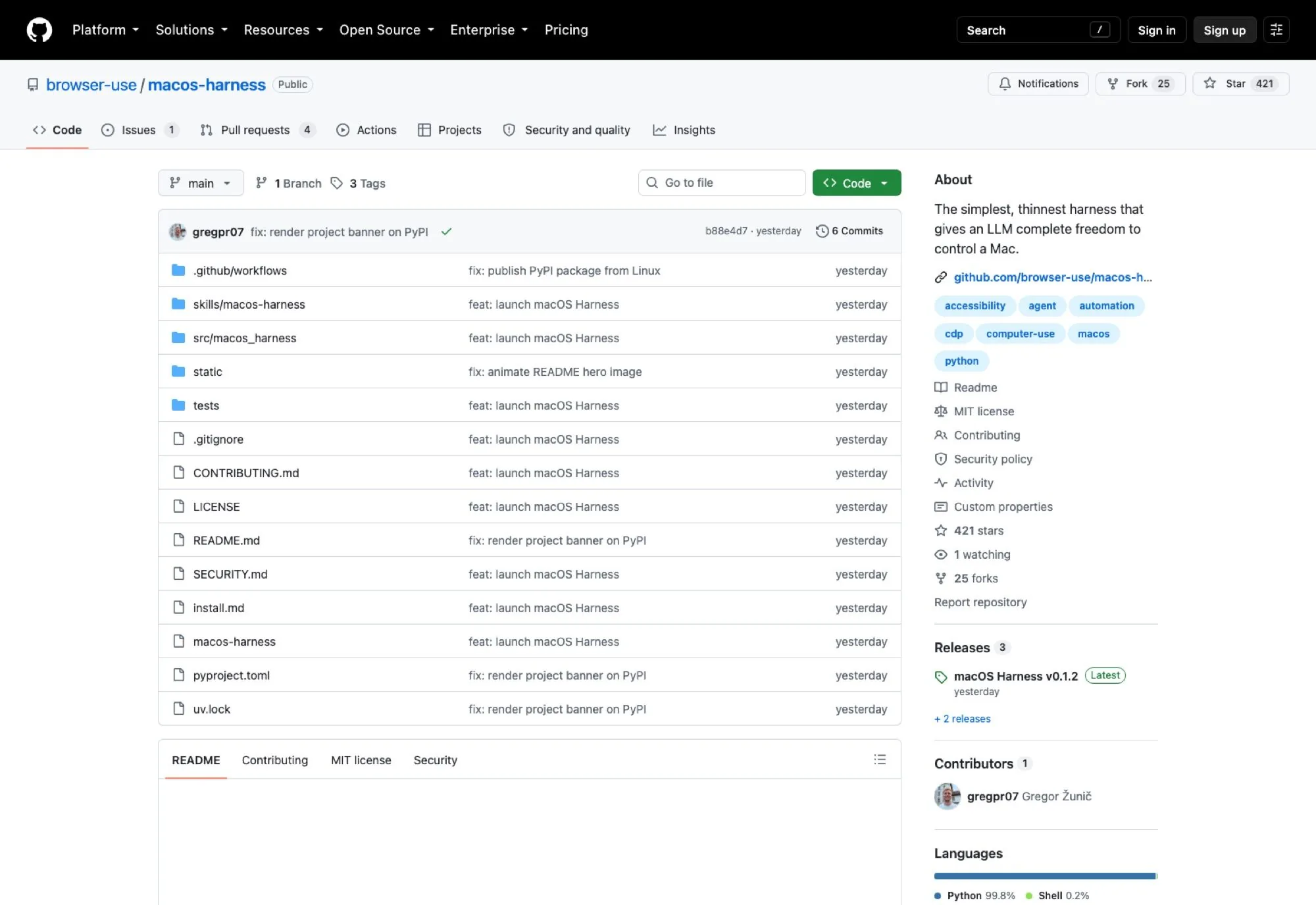 The browser-use/macos-harness repository on 19 August 2026: 421 stars, 25 forks, six commits, one contributor, and three releases all tagged on launch day.