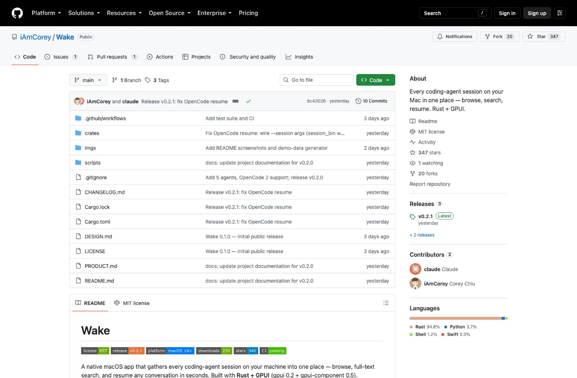 The iAmCorey/Wake repository on 21 August 2026: 347 stars, 20 forks, 10 commits, MIT licence, three releases with v0.2.1 tagged the previous day, and a language split of 94.8% Rust.