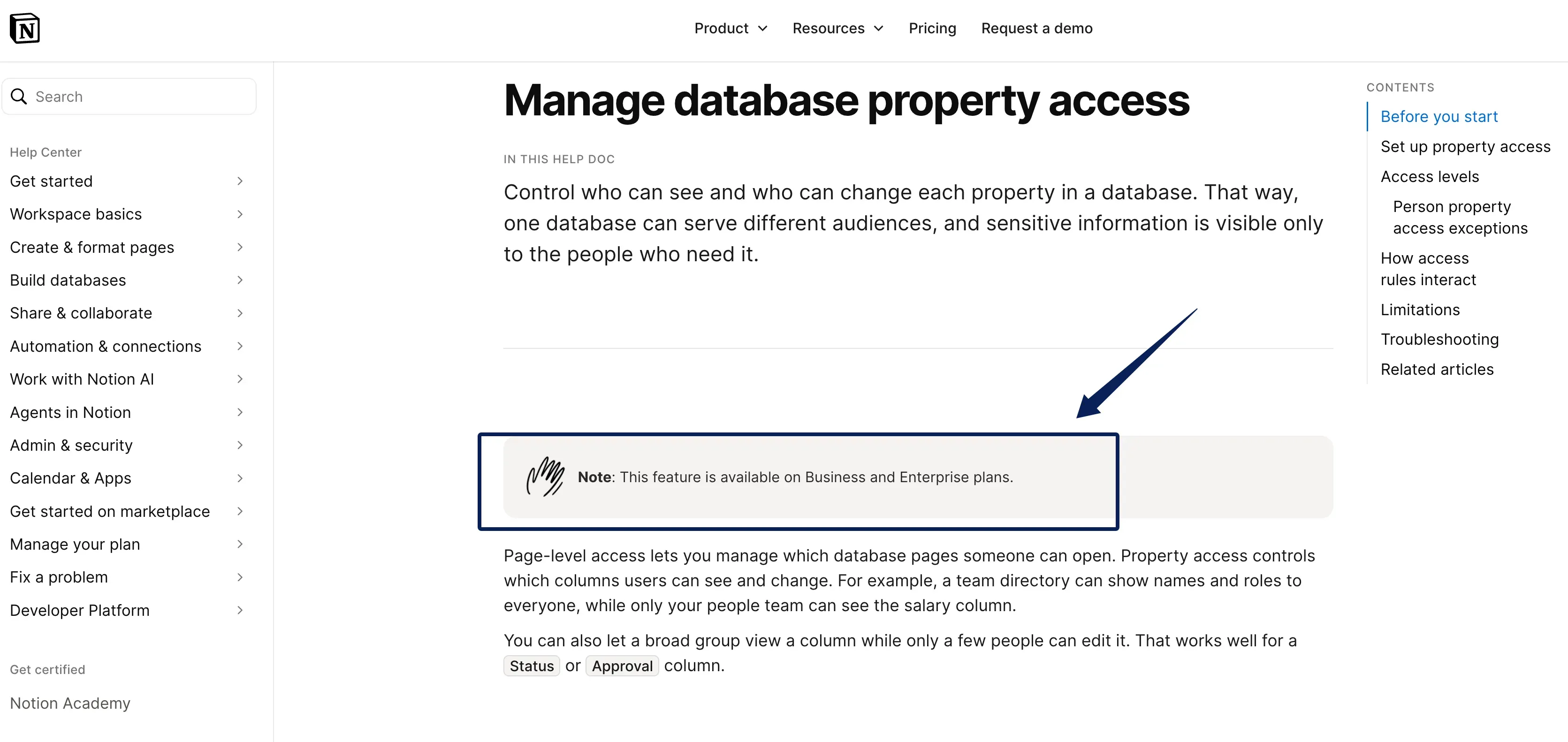 Notion Help documents database property access on Business and Enterprise plans; test what a contractor can see.