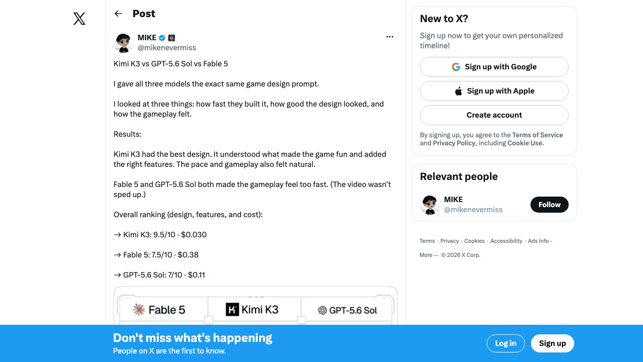 Tweet by @mikenevermiss comparing Kimi K3, GPT-5.6 Sol and Fable 5 on the same game prompt