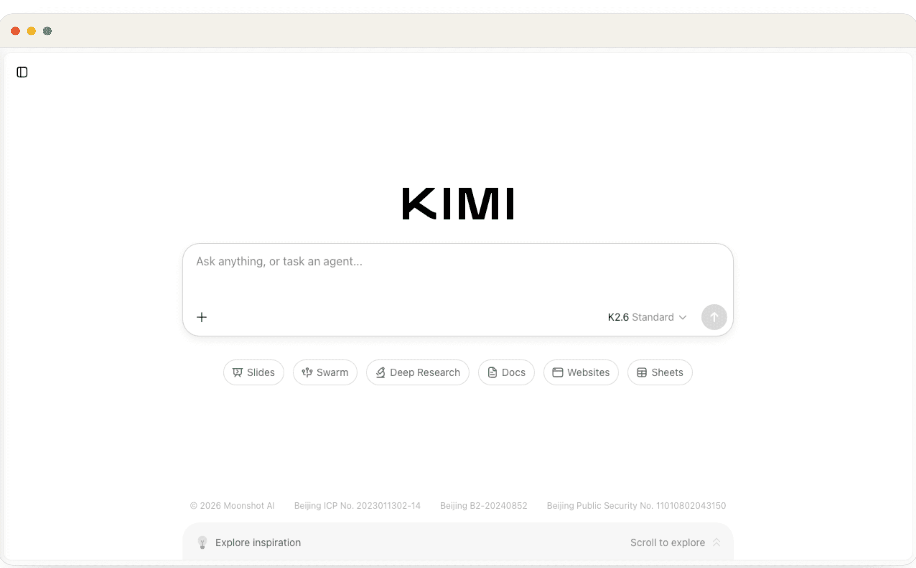 Kimi app model selector on the free/anonymous state, showing the model picker where you choose Kimi K3