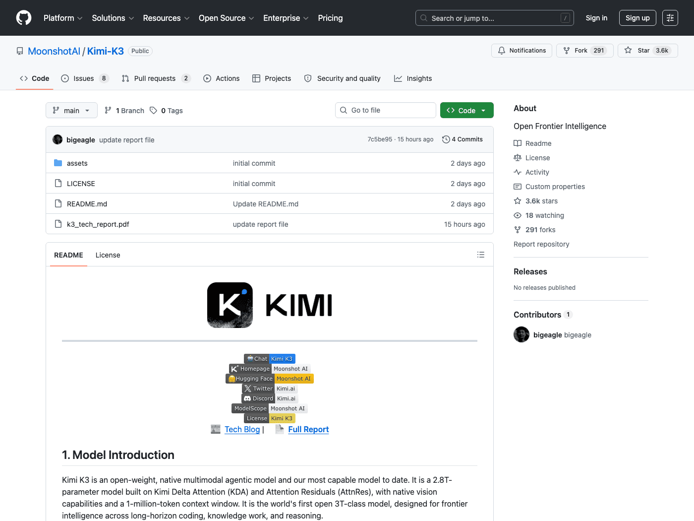 The MoonshotAI Kimi K3 repository on GitHub, showing k3_tech_report.pdf alongside the LICENSE and README files