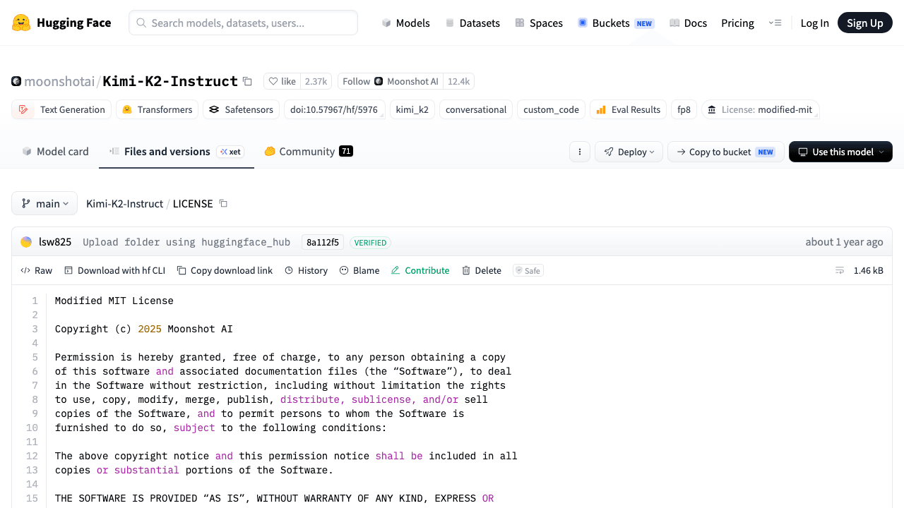 The Kimi-K2-Instruct repository on Hugging Face tagged License: modified-mit, the precedent that did not carry over to K3
