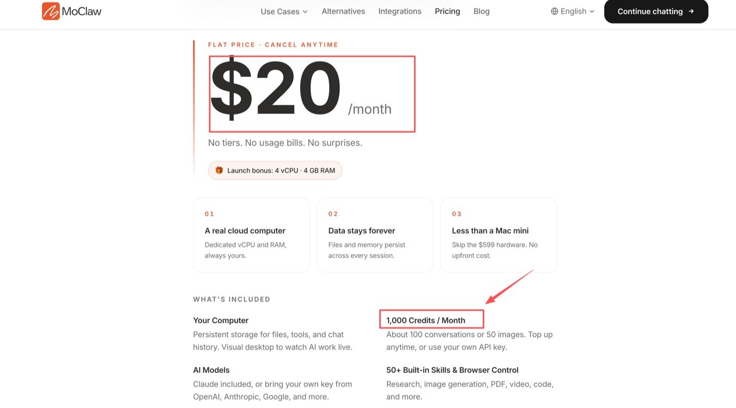 Zentor (formerly MoClaw) pricing page showing the flat $20 per month plan and the 1,000 monthly credits it includes