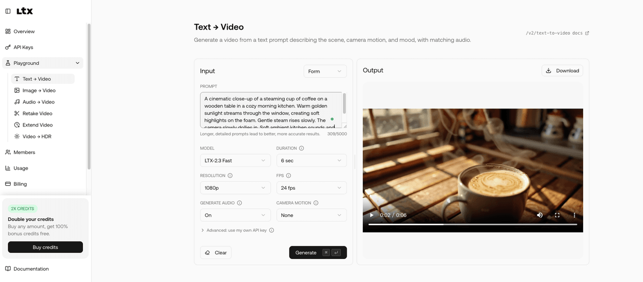 LTX API Playground generating a text-to-video clip of a steaming coffee cup in a morning kitchen