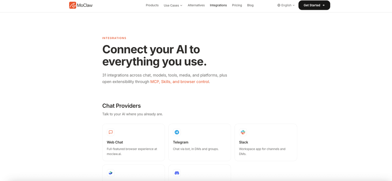 Zentor (formerly MoClaw) integrations page: connect your AI to the chat providers, models, and tools you already use