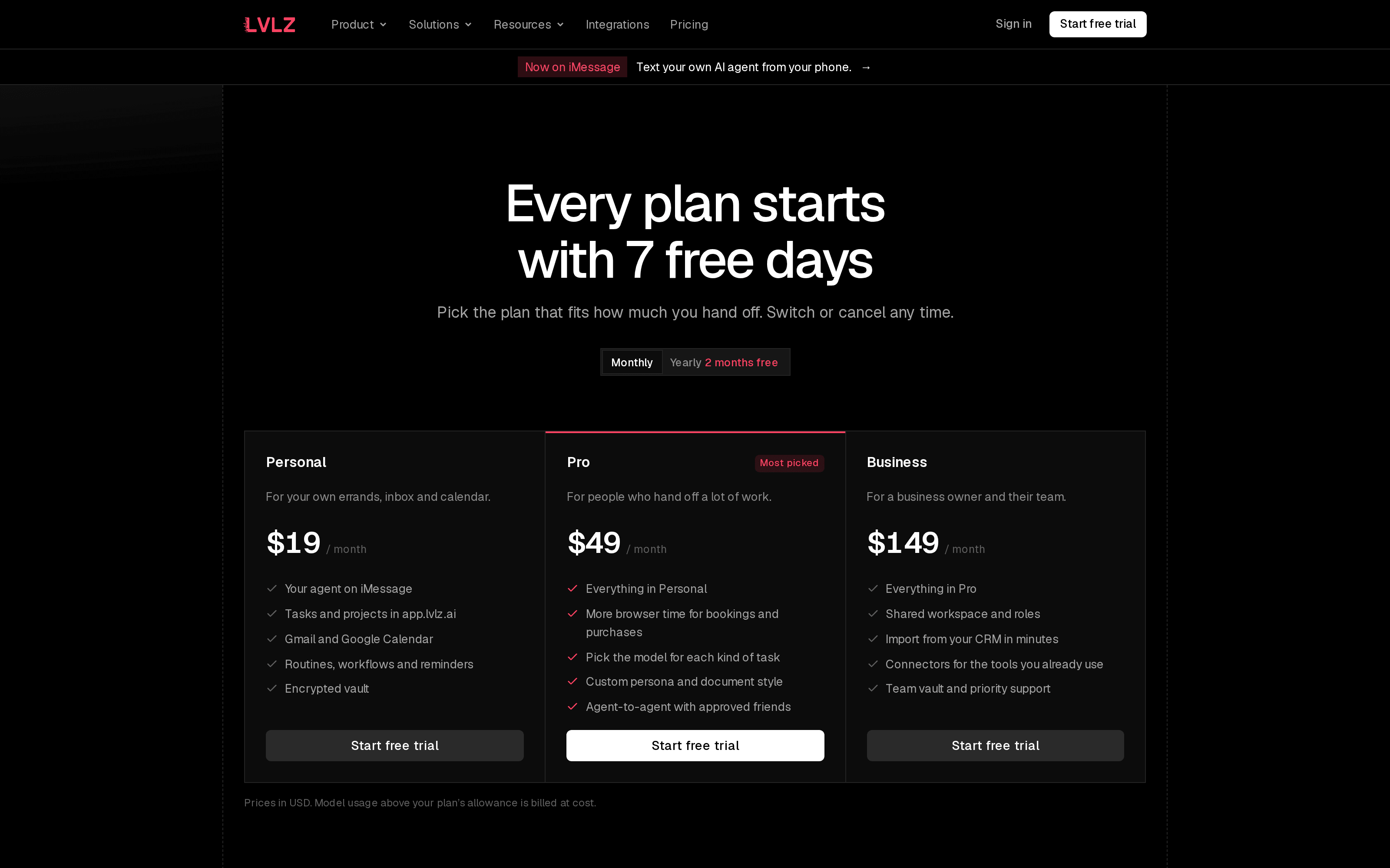 LVLZ's official pricing page displays Personal at $19 monthly, Pro at $49 and a seven-day trial.