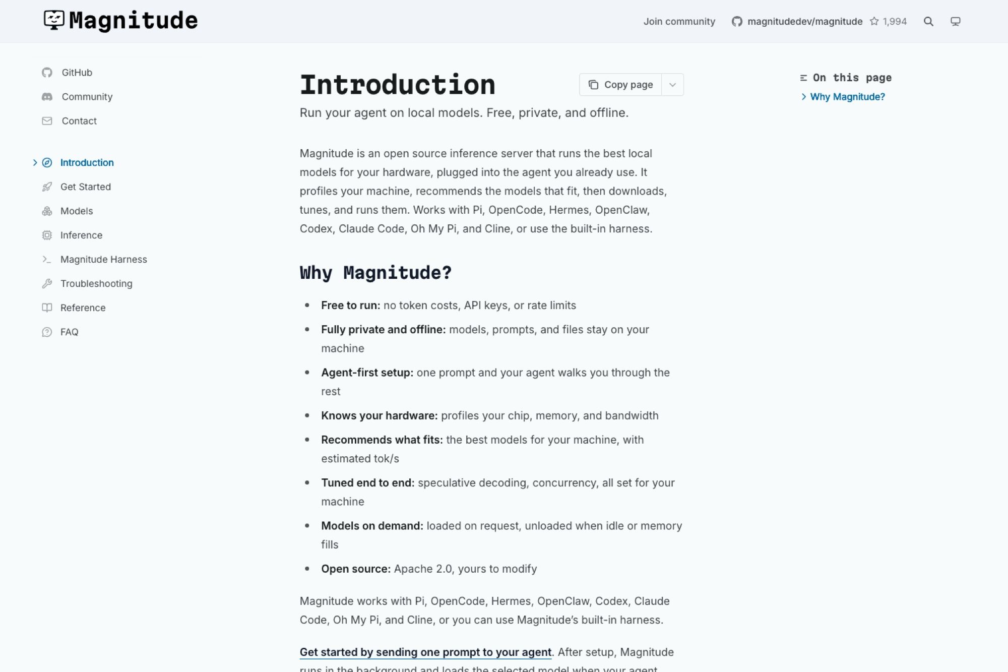 The Magnitude documentation site, showing the introduction page and the eight-point case the project makes for itself: free to run, private and offline, agent-first setup, hardware profiling, per-machine model recommendations
