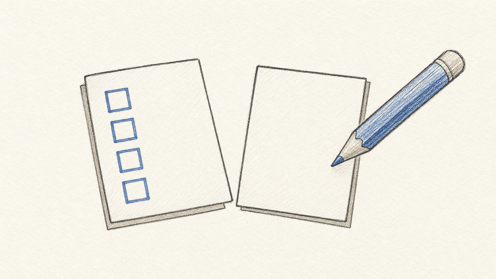 Colored-pencil drawing of blank checklist cards and a pencil; imported files still leave settings and tool behavior to check manually.