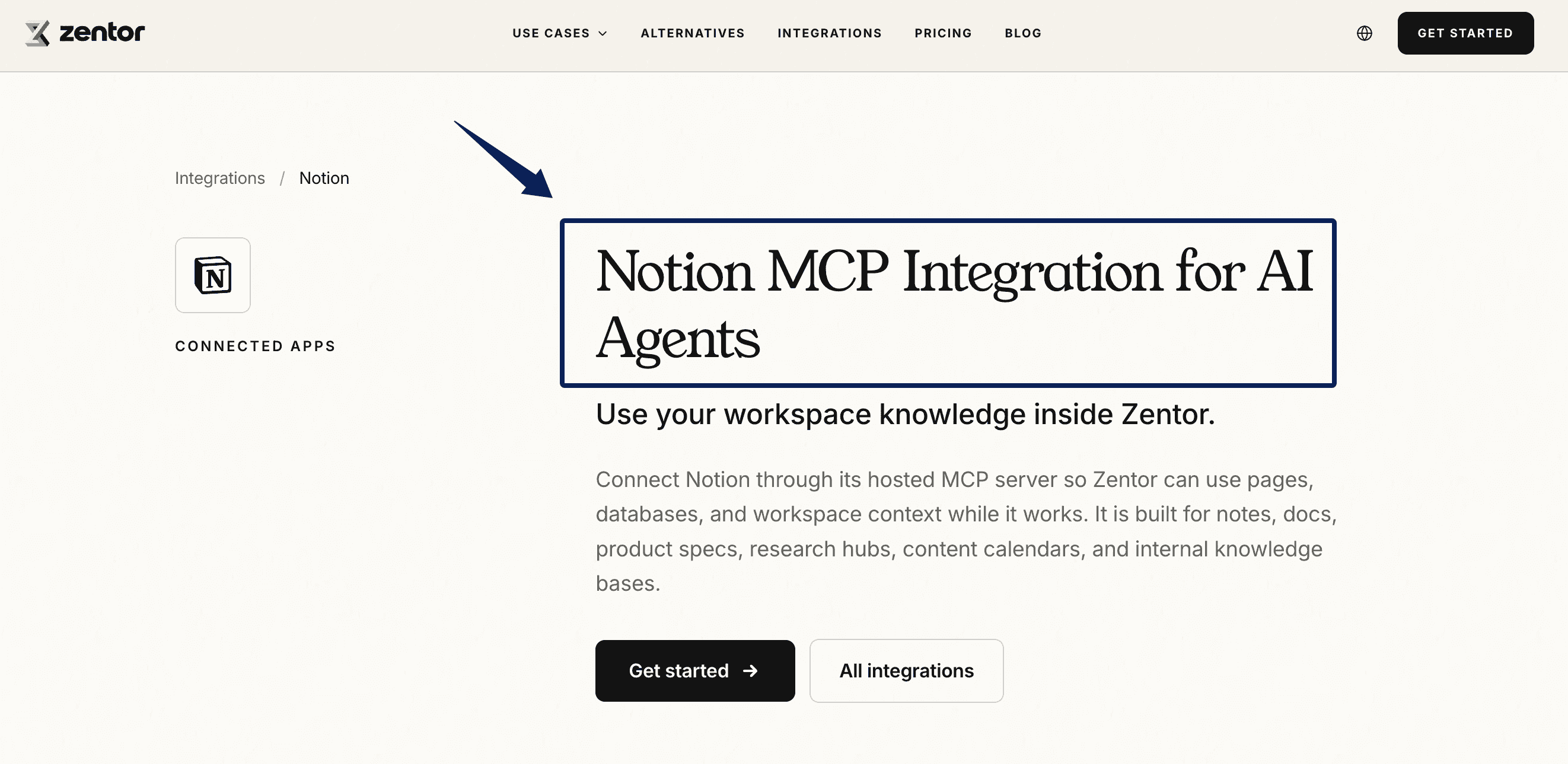 Zentor's Notion MCP integration page for accessing workspace knowledge.